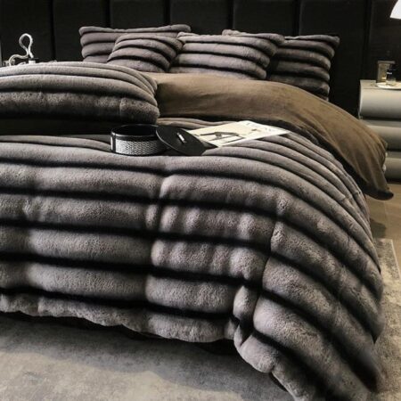 Fluffy Striped Faux Rabbit Duvet Cover Set, Super Soft Faux Fur Velvet 1 Duvet with 1 Duvet Insert, 1 Blanket, 1 Flat Sheet, 4 Pillowcases Set (Sizes: 4.5 by 6, 6 by 6, 6 by 7) - Image 2