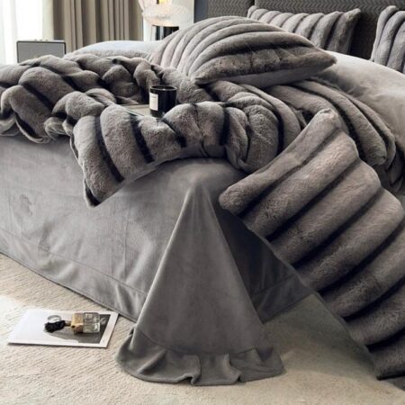 Fluffy Striped Faux Rabbit Duvet Cover Set, Super Soft Faux Fur Velvet 1 Duvet with 1 Duvet Insert, 1 Blanket, 1 Flat Sheet, 4 Pillowcases Set (Sizes: 4.5 by 6, 6 by 6, 6 by 7) - Image 3