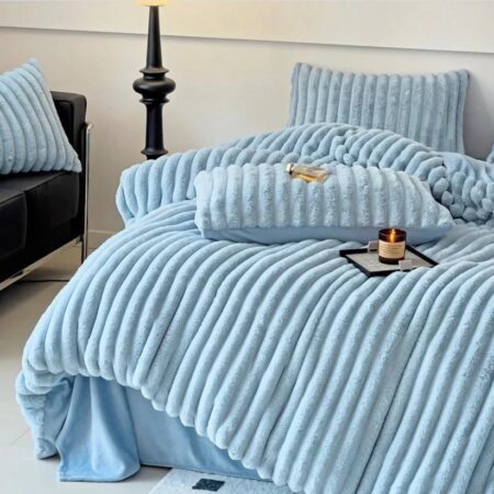 Fluffy Blue Stripe Duvet Cover Set, Super Soft Faux Fur Warm and Lush Rabbit Fur 1Duvet +1Duvet Cover, 1Bedsheet, 1Blanket and 4Pillowcases Set - Image 3