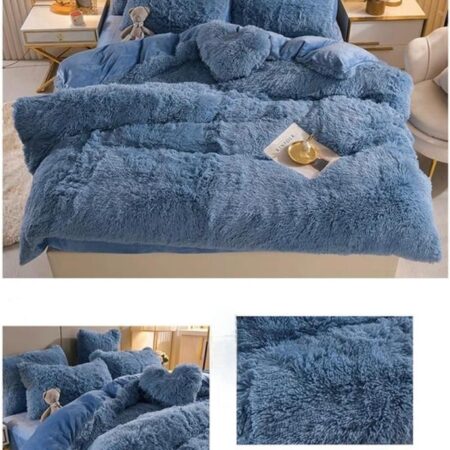 Fluffy Faux Fur Duvet Complete Set- Super Soft Lush and Super Fluffy Duvet +Bedspread and Matching Pillowcases (Sizes: 4 by 6, 6 by 6, 6 by 7, 7 by 7) Blue - Image 3