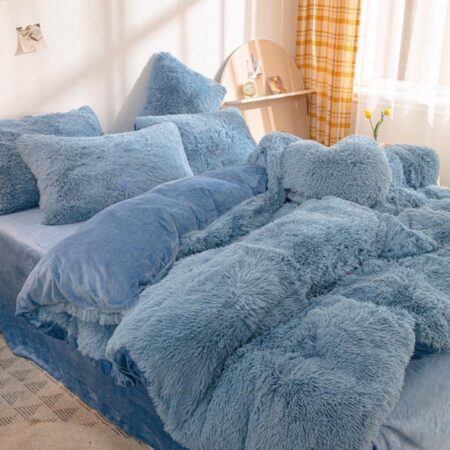 Fluffy Faux Fur Duvet Complete Set- Super Soft Lush and Super Fluffy Duvet +Bedspread and Matching Pillowcases (Sizes: 4 by 6, 6 by 6, 6 by 7, 7 by 7) Blue - Image 4