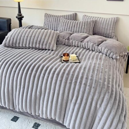 Fluffy grey stripe duvet cover set