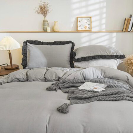grey and black ruffle duvet