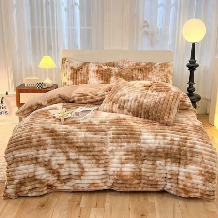 Warm Fluffy Faux Fur Khaki Stripe Pattern Duvet Cover Set 4.5 by 6, 6 by 6, 6 by 7 Sizes, Ultra Soft Luxurious Fur Bedding Set, with Duvet Insert, Blanket, Flat Sheet and Matching Pillowcases Set - Image 4