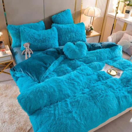 Lake Blue Fluffy Faux Fur Duvet Complete Set 4 by 6, 6 by 6, 6 by 7, 7 by 7 Sizes - Super Soft and Lush Fluffy Luxurious Blue Duvet +Bedspread and Matching Pillowcases Set - Image 2