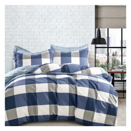 blue and white grid duvet set