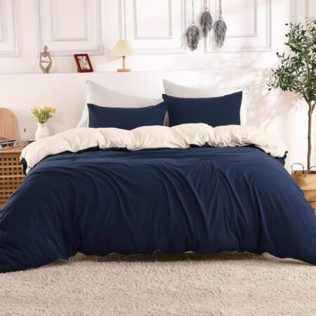 Navy Blue and Creme Reversible Duvet Complete Set 4 by 6, 6 by 6, 6 by 6, 7 by 7 Sizes, All Season 4/6 Pcs Soft Cozy Reversible Duvet with Bedsheet and Pillowcases Set - Image 2
