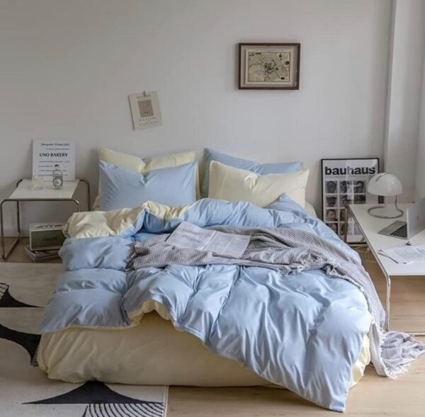 blue and beige duvet