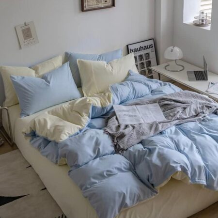 blue and beige reversible duvet set