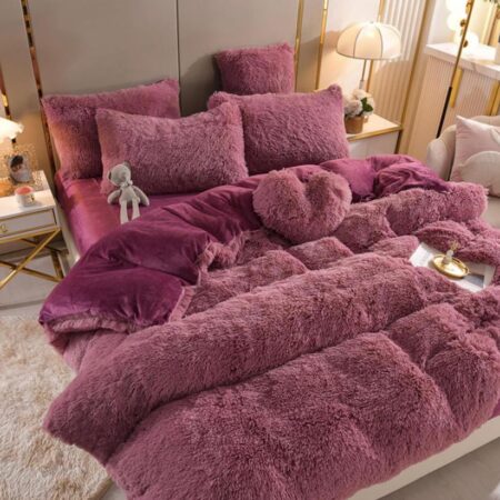 Fluffy Faux Fur Duvet Complete Set- Super Soft Lush and Very Plush Duvet +Bedspread and Matching Pillowcases (4 by 6, 6 by 6, 6 by 7, 7 by 7) Red Bean Paste - Image 3