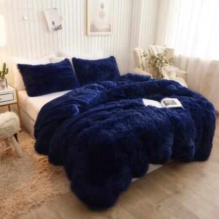 Navy blue faux fur shaggy duvet set