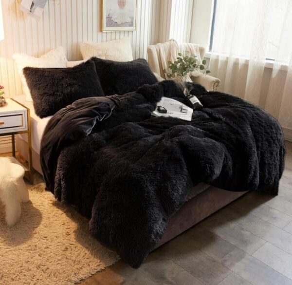 Black faux fur shaggy duvet set