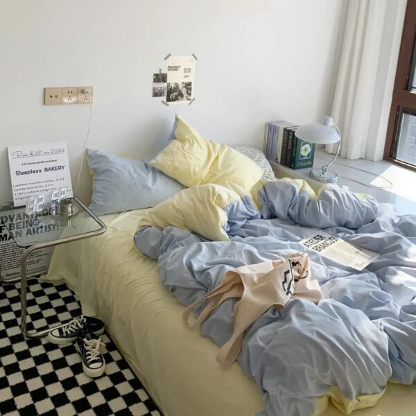 blue and beige reversible duvet set