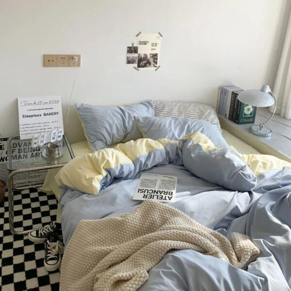 blue and beige duvet set