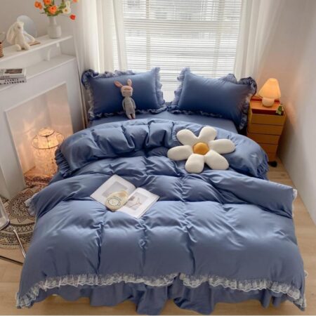 Blue ruffle lace duvet cover set