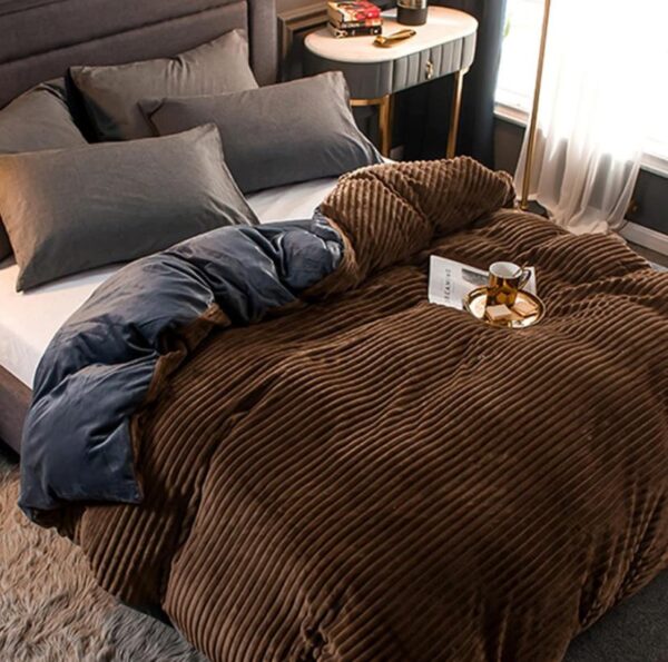 brown velvet faux fur striped bedding set