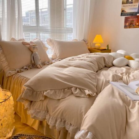 Luxurious Premium Ruffle Lace Duvet Cover Set - Ultra Soft and Breathable 100% Pure Cotton 5/7 Pcs 1 Double Padded Duvet, 1 Duvet Cover, 1 Bedspread, 2/4 Matching Pillowcases Set in 4by6/ 6by6/ 6by7/ 7by7 Sizes - Image 4