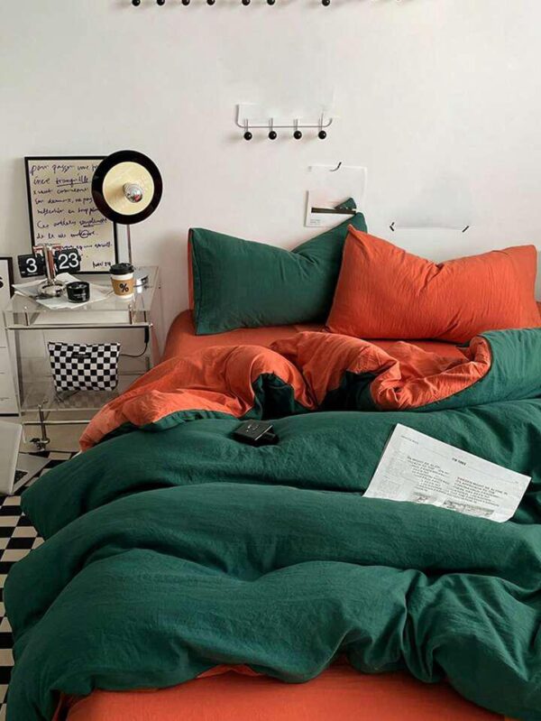 Green and orange reversible bedding