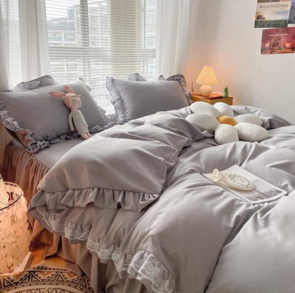 grey ruffles duvet set and pillowcases