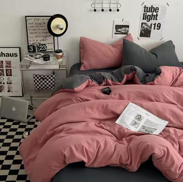 pink and deep grey comforter set