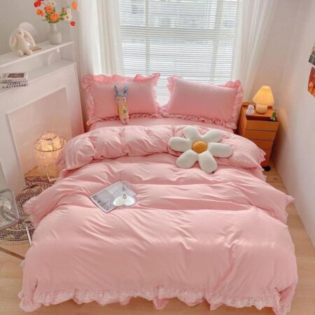 Pink ruffle lace duvet cover set