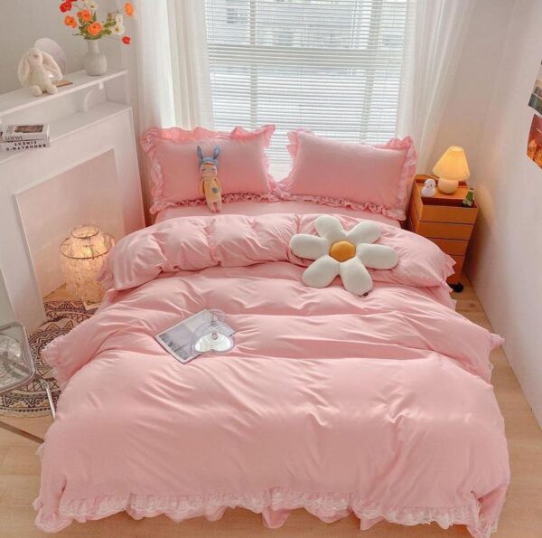 Pink ruffle lace duvet cover set