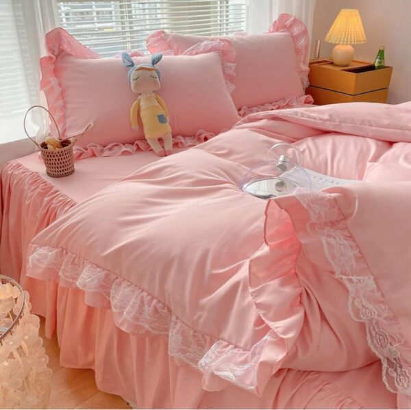 Pink ruffle lace comforter