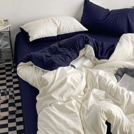 white and navy blue duvet set