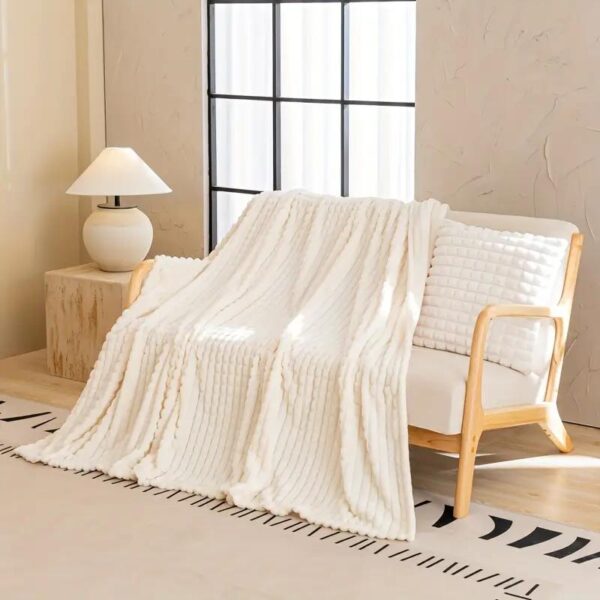 cream faux fur striped blanket