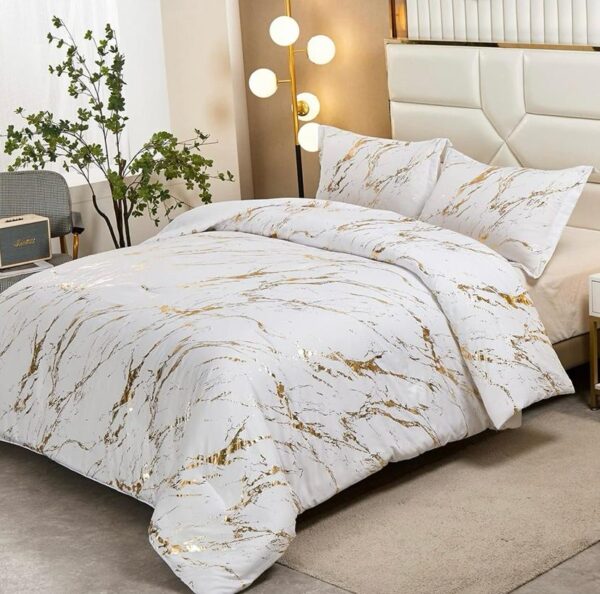 white and gold marble bedding set