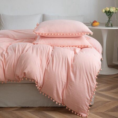 Pom Pom Duvet and Duvet Cover Set - 5/7 Piece Hotel Quality Soft Breathable Polish Cotton Bedding Set (Peach Pink, 4by6/ 6by6/ 6by7/ 7by7 Sizes) - Image 3
