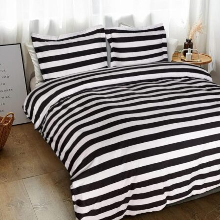 white and black striped bedding set