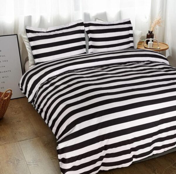 white and black striped bedding set