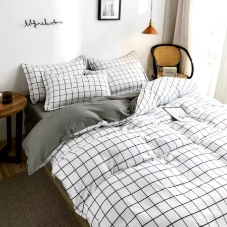 White Plaid Duvet Set - Cozy Soft, Durable and  Breathable Grid Quilted 1 Duvet with 1 Bedsheet and 2/4 Pillowcases (4by6/ 6by6/ 6by7/ 7by7 Sizes) - Image 2