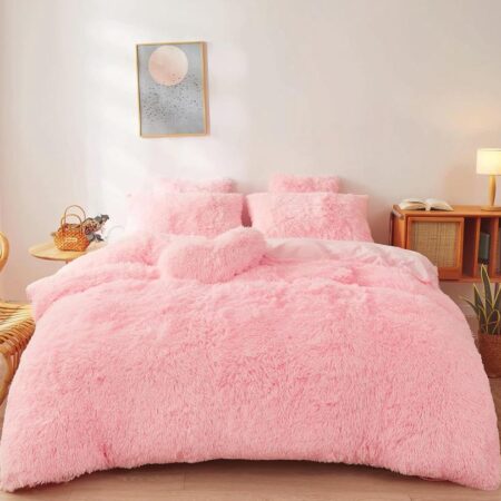 pink fluffy faux fur duvet set