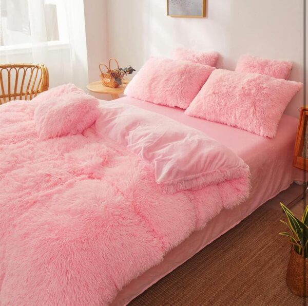 Pink Fluffy Faux Fur Duvet Set 4by6/ 6by6/ 6by7/ 6by7 Sizes - Ultra Soft  Cozy and Shaggy Bedding Set, 4/6 Pieces (1 Fluffy Duvet, 1 Bedspread and 2/4 Pillowcases Set) - Image 4