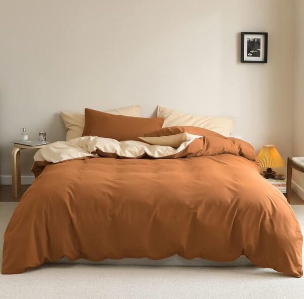 Burnt Orange Duvet Set 4by6/ 6by6/ 6by7/ 7by7 Size - Soft and Durable Cotton Quilted Bedding Set, 4/6 Piece 1 Quilted Duvet + Bedsheet and 2/4 Pillowcases Set, Burnt Orange and Cream Color - Image 2