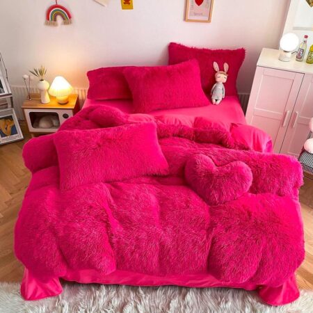 faux fur fluffy rose red duvet set