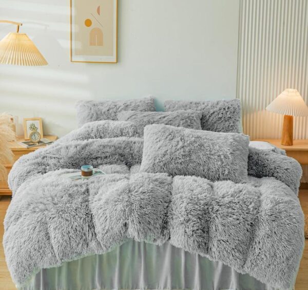 Faux Fur Fluffy Grey Duvet Set 4by6/ 6by6/ 6by7/ 7by7 Size - Super Soft Fluffy and Fuzzy Grey Bedding Set 4/6 Piece (1 Faux Fur Duvet + 1 Bedspread and 2/4 Pillowcases) - Image 4