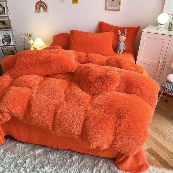 Faux Fur Fluffy Orange Duvet Set 4by6/ 6by6/ 6by7/ 7by7 Size - Ultra Soft, Shaggy, Cozy and Fuzzy 4/6 Pieces Fur Bedding Set (1 Fluffy Duvet, 1 Bedspread, 2/4 Pillowcases Set) - Image 2