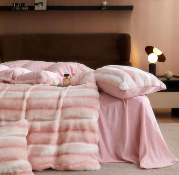 Luxury Faux Fur Rabbit Hair Duvet Cover Set 4by6/ 6by6/ 6by7/ 7by7 Size , Super Soft, Cozy, Fluffy and Durable Imported 5/7 Pieces Set, 1 Double Padded Duvet, 1 Duvet Cover, 1 Fitted Bedspread, 2/4 Pillowcases Set, Pink Color - Image 4