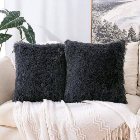 2 Black Faux Fur Decorative Throw Pillow -Fluffy Soft Throw Pillow for Couch, Sofa, Bed, Livingroom, Office, Car Perfect Gift