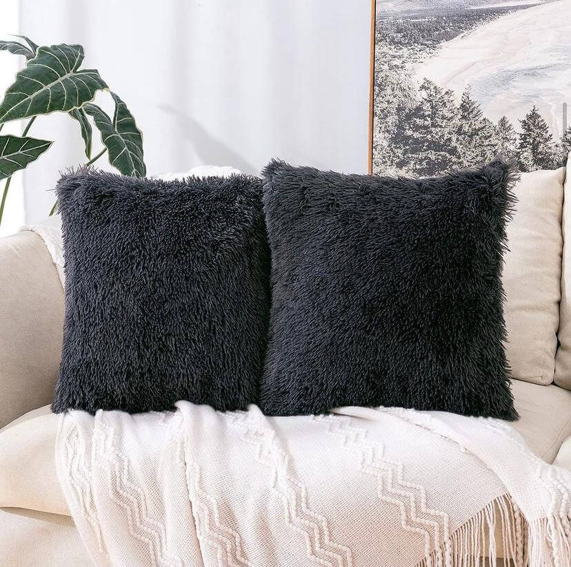 2 Black Faux Fur Decorative Throw Pillow -Fluffy Soft Throw Pillow for Couch, Sofa, Bed, Livingroom, Office, Car Perfect Gift