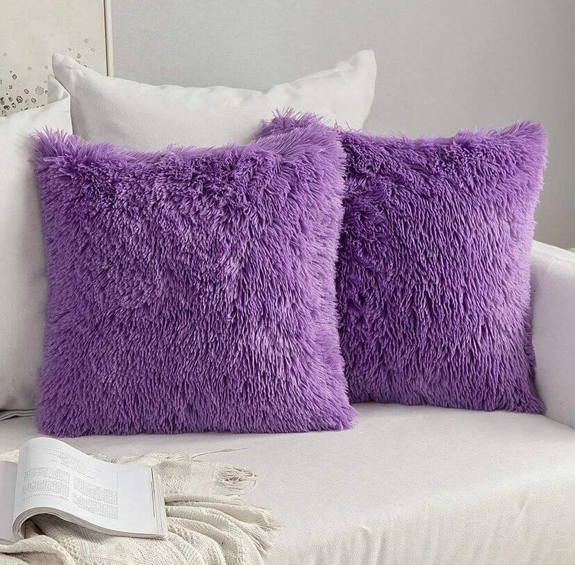 2 Purple Faux Fur Decorative Throw Pillow -Fluffy Soft Throw Pillow for Couch, Sofa, Bed, Livingroom, Office, Car Perfect Gift