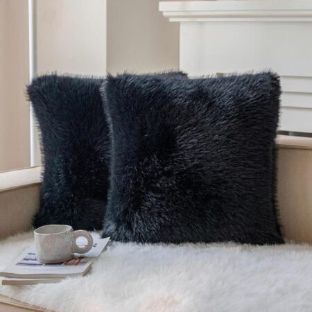 2 Black Faux Fur Cozy Fluffy Decorative Throw Pillow for Couch, Car, Bed, Sofa, Chair, Living room, Bedroom, 2 Throw Pillow