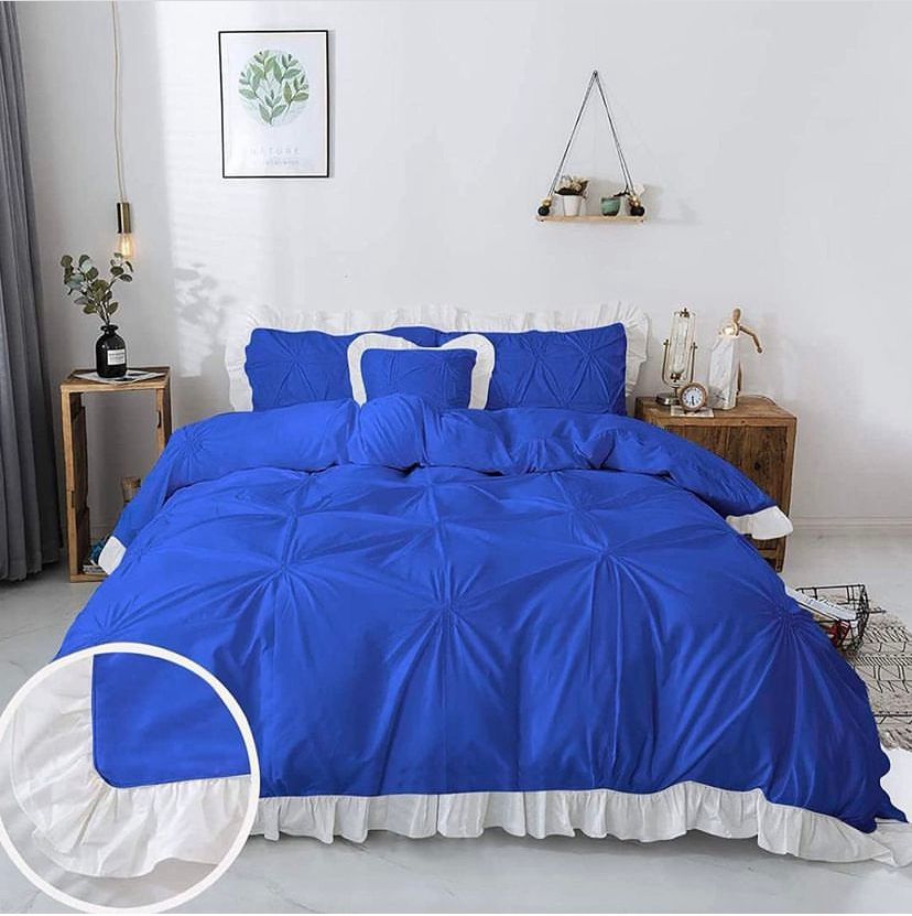 Luxurious Ruffle Pintuck Blue Duvet +Pillowcases and Bedspread Set, High Quality Luxurious Ruffle Pinch Pleated Bedding Set (4by6/ 6by6/ 6by7/ 7by7 Sizes)
