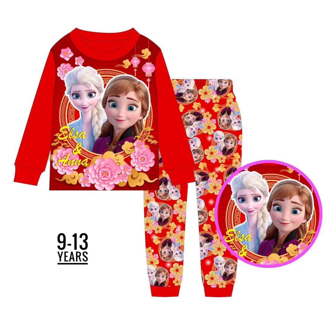 Cartoon Character Elsa and Anna Red Girls Long-sleeve Age 9-13 Pyjamas
