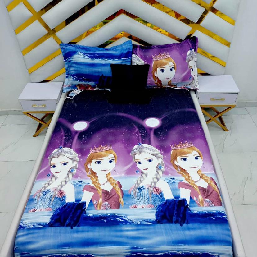 Purple Frozen Cotton Printed Bedsheet Set, 4 by 6 Full Size Girl Frozen Bedsheet Set, 3 Piece Soft and Skin Friendly Full Bedsheet with 2 Pillowcases
