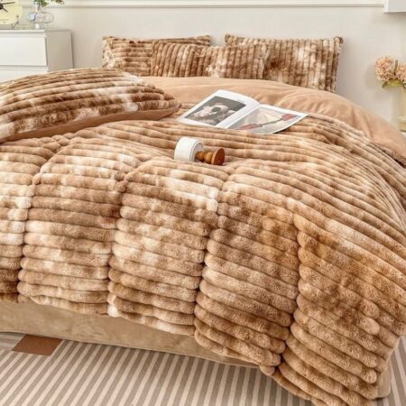 faux fur khaki stripe pattern duvet cover set