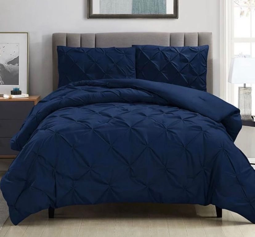 Navy Blue Pintuck Duvet +Bedsheet and Pillowcases Set 4 by 6, 6 by 6, 6 by 7, 7 by 7 Sizes, High Quality Soft Pinch Pleated Bedding Set